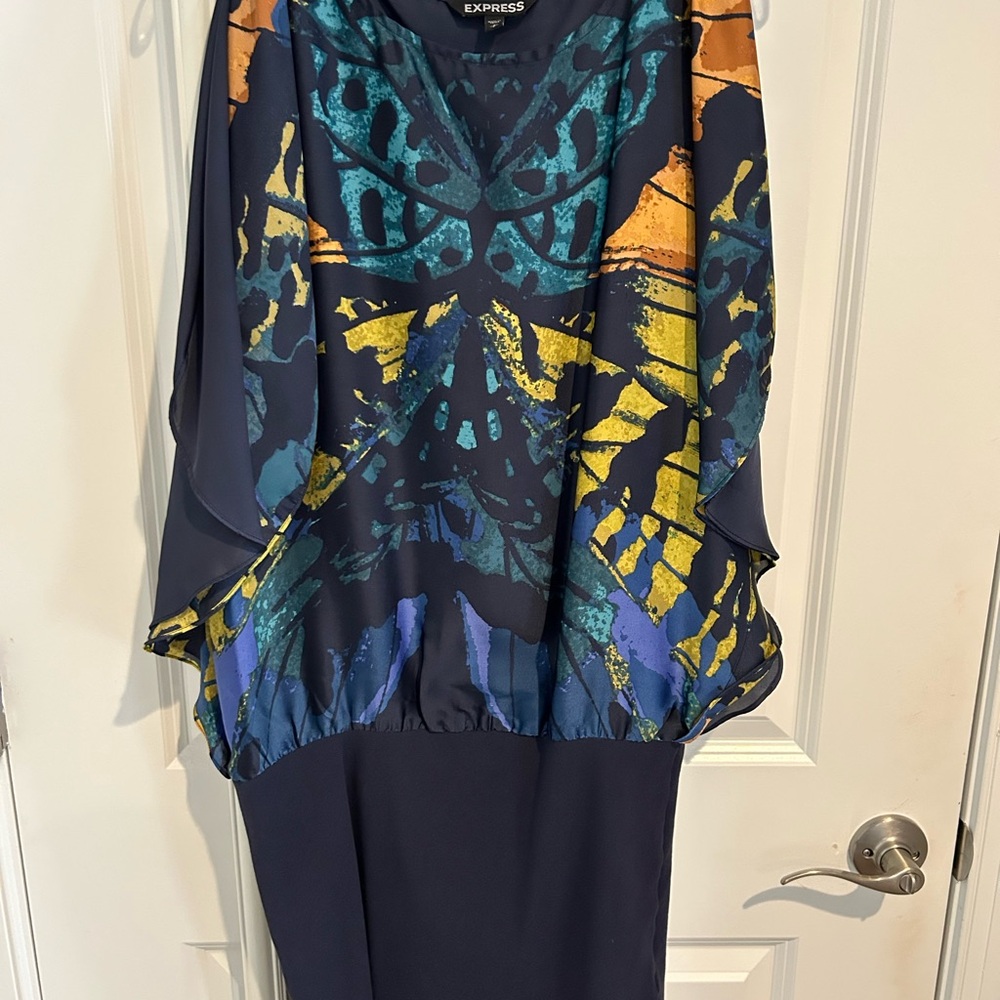 Express Blue and Orange Dolman Sleeve Cocktail Dress